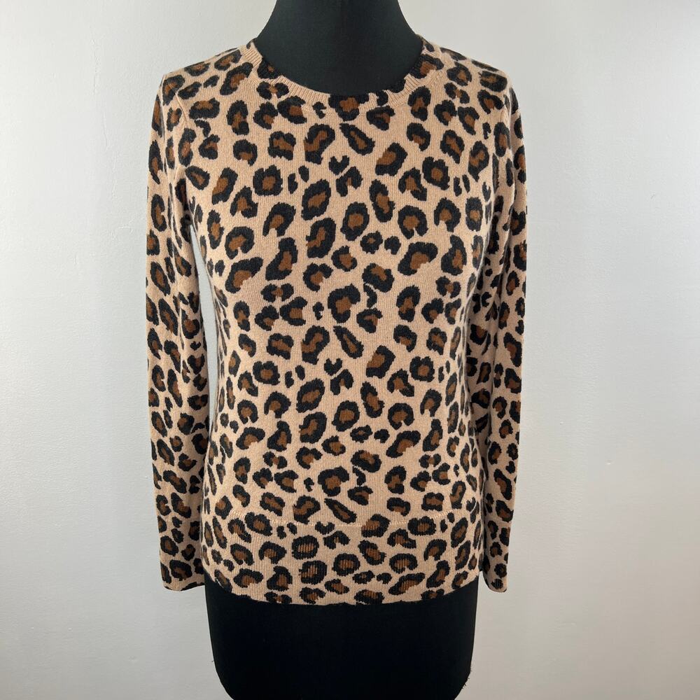 Cynthia Rowley Brown Leopard Print 100% 2-Ply Cashmere Crew Neck Knit Sweater S